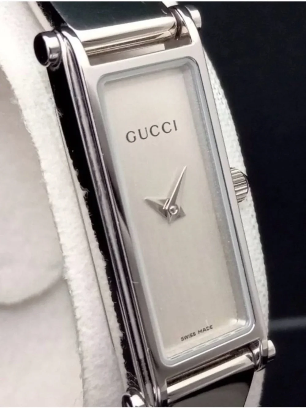 Gucci Silver-Tone Rectangular Dial Watch with Black Strap
